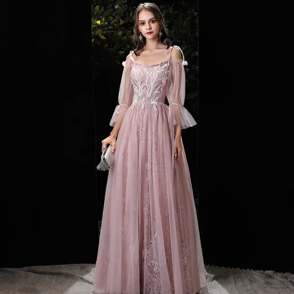 Elegant Blushing Pink Evening Dresses  2020 A-Line / Princess Off-The-Shoulder Puffy 3/4 Sleeve Spaghetti Straps Backless Appliques Lace Beading Floor-Length / Long Formal Dresses