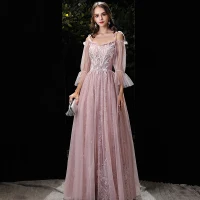 Elegantes Rosa Clara Vestidos de noche 2020 A-Line / Princess Fuera Del Hombro Hinchado 3/4 Ærmer Spaghetti Straps Sin Espalda Apliques Con Encaje Rebordear Largos Vestidos Formales