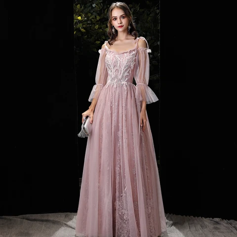 Elegantes Rosa Clara Vestidos de noche 2020 A-Line / Princess Fuera Del Hombro Hinchado 3/4 Ærmer Spaghetti Straps Sin Espalda Apliques Con Encaje Rebordear Largos Vestidos Formales