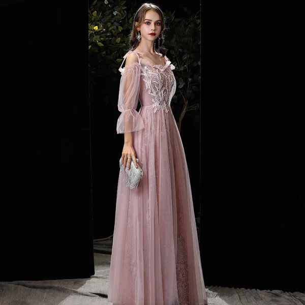 Élégant Rougissant Rose Robe De Soirée 2020 Princesse De l'épaule Gonflée 3/4 Manches Bretelles Spaghetti Dos Nu Appliques En Dentelle Perlage Longue Robe De Ceremonie
