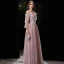 Élégant Rougissant Rose Robe De Soirée 2020 Princesse De l'épaule Gonflée 3/4 Manches Bretelles Spaghetti Dos Nu Appliques En Dentelle Perlage Longue Robe De Ceremonie