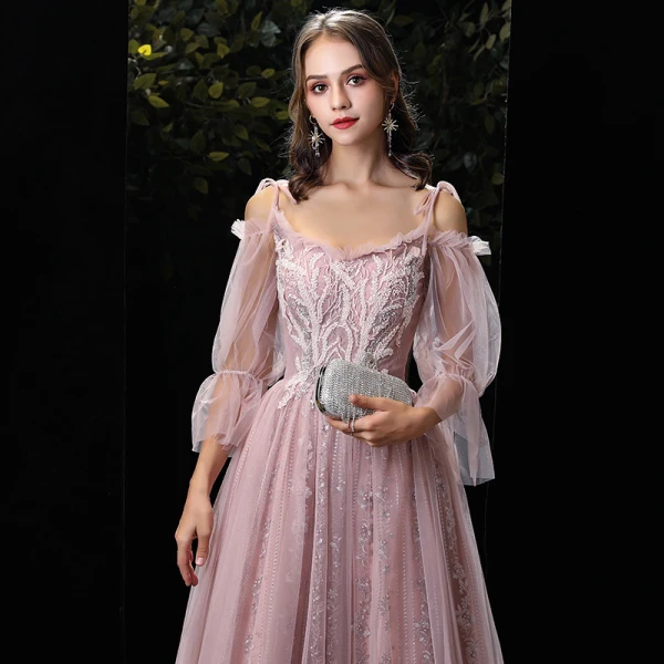 Élégant Rougissant Rose Robe De Soirée 2020 Princesse De l'épaule Gonflée 3/4 Manches Bretelles Spaghetti Dos Nu Appliques En Dentelle Perlage Longue Robe De Ceremonie