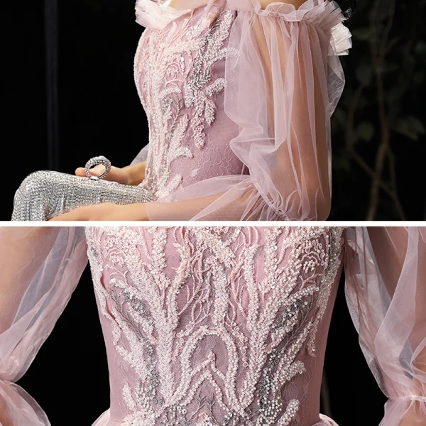 Élégant Rougissant Rose Robe De Soirée 2020 Princesse De l'épaule Gonflée 3/4 Manches Bretelles Spaghetti Dos Nu Appliques En Dentelle Perlage Longue Robe De Ceremonie
