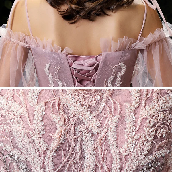 Élégant Rougissant Rose Robe De Soirée 2020 Princesse De l'épaule Gonflée 3/4 Manches Bretelles Spaghetti Dos Nu Appliques En Dentelle Perlage Longue Robe De Ceremonie