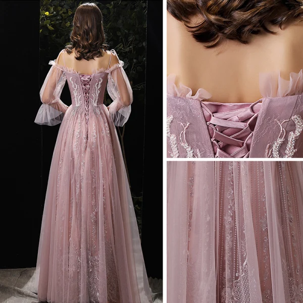 Élégant Rougissant Rose Robe De Soirée 2020 Princesse De l'épaule Gonflée 3/4 Manches Bretelles Spaghetti Dos Nu Appliques En Dentelle Perlage Longue Robe De Ceremonie