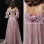 Élégant Rougissant Rose Robe De Soirée 2020 Princesse De l'épaule Gonflée 3/4 Manches Bretelles Spaghetti Dos Nu Appliques En Dentelle Perlage Longue Robe De Ceremonie
