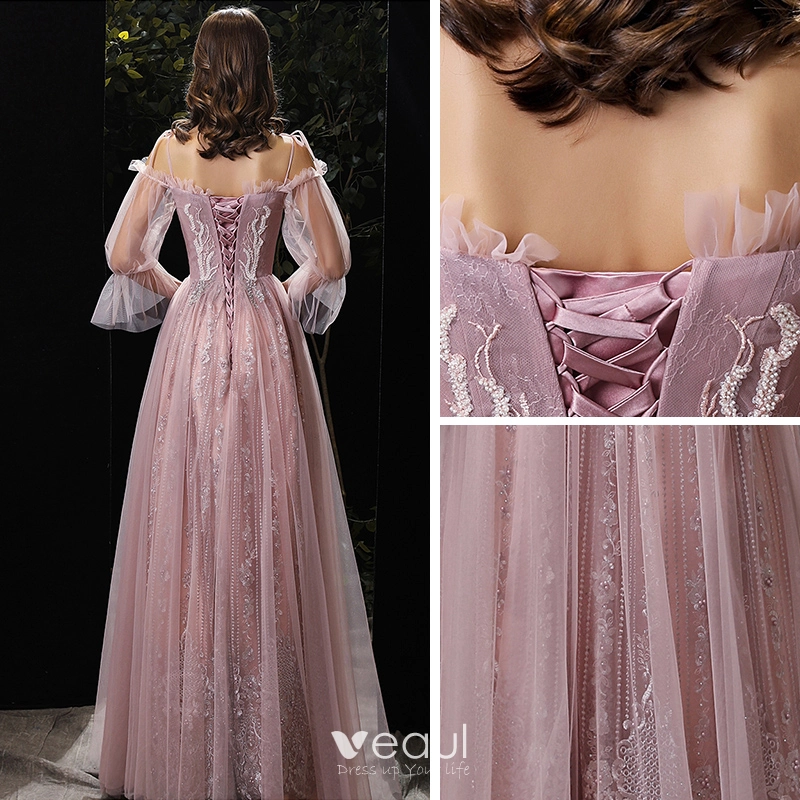 Blushing Pink Off-The-Shoulder Evening Dress with V-Neck and Strapless Tulle main image 0