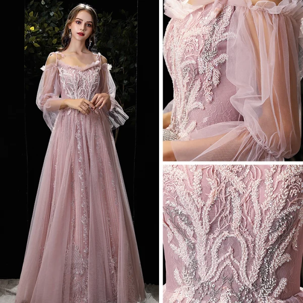 Élégant Rougissant Rose Robe De Soirée 2020 Princesse De l'épaule Gonflée 3/4 Manches Bretelles Spaghetti Dos Nu Appliques En Dentelle Perlage Longue Robe De Ceremonie