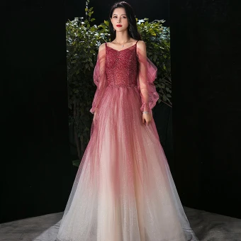 Eleganckie Burgund Gradient Kolorów Szampan Sukienki Wieczorowe 2020 Princessa Spaghetti Pasy Bufiasta Długie Rękawy Bez Pleców Frezowanie Cekinami Tiulowe Długie Wzburzyć