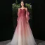Elegant Burgundy Gradient-Color Champagne Evening Dresses  2020 A-Line / Princess Spaghetti Straps Puffy Long Sleeve Backless Beading Glitter Tulle Floor-Length / Long Ruffle