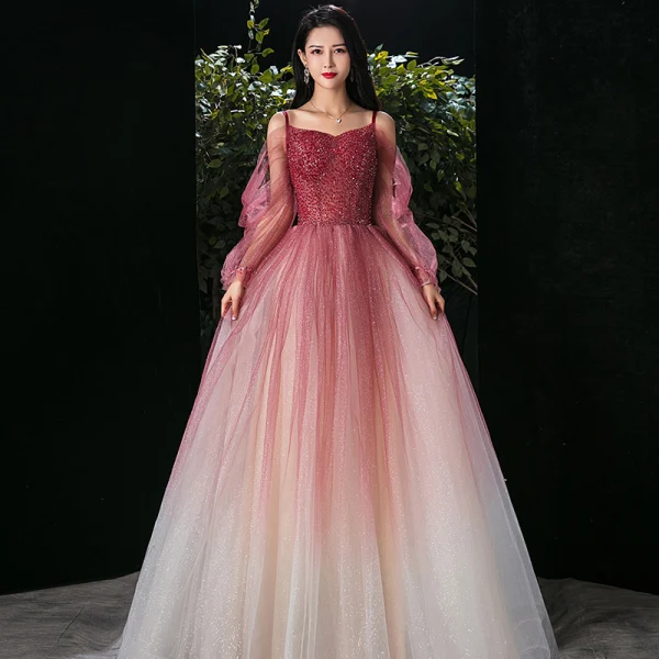 Elegant Burgundy Gradient-Color Champagne Evening Dresses 2020 A-Line / Princess Spaghetti Straps Puffy Long Sleeve Backless Beading Glitter Tulle Floor-Length / Long Ruffle