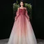 Elegant Burgundy Gradient-Color Champagne Evening Dresses  2020 A-Line / Princess Spaghetti Straps Puffy Long Sleeve Backless Beading Glitter Tulle Floor-Length / Long Ruffle