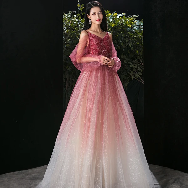 Elegant Burgundy Gradient-Color Champagne Evening Dresses 2020 A-Line / Princess Spaghetti Straps Puffy Long Sleeve Backless Beading Glitter Tulle Floor-Length / Long Ruffle