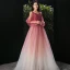 Elegant Burgundy Gradient-Color Champagne Evening Dresses  2020 A-Line / Princess Spaghetti Straps Puffy Long Sleeve Backless Beading Glitter Tulle Floor-Length / Long Ruffle