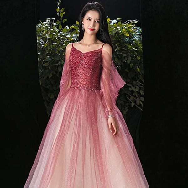 Elegant Burgundy Gradient-Color Champagne Evening Dresses 2020 A-Line / Princess Spaghetti Straps Puffy Long Sleeve Backless Beading Glitter Tulle Floor-Length / Long Ruffle