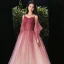 Elegant Burgundy Gradient-Color Champagne Evening Dresses  2020 A-Line / Princess Spaghetti Straps Puffy Long Sleeve Backless Beading Glitter Tulle Floor-Length / Long Ruffle