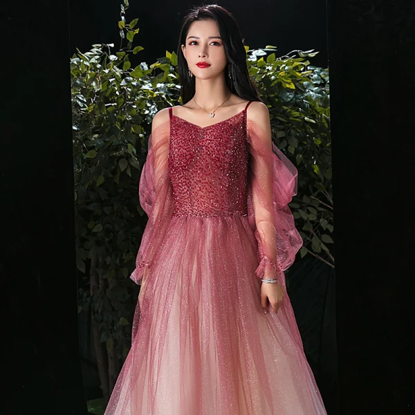 Elegant Burgundy Gradient-Color Champagne Evening Dresses 2020 A-Line / Princess Spaghetti Straps Puffy Long Sleeve Backless Beading Glitter Tulle Floor-Length / Long Ruffle