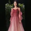 Elegant Burgundy Gradient-Color Champagne Evening Dresses  2020 A-Line / Princess Spaghetti Straps Puffy Long Sleeve Backless Beading Glitter Tulle Floor-Length / Long Ruffle