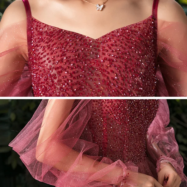 Elegant Burgundy Gradient-Color Champagne Evening Dresses 2020 A-Line / Princess Spaghetti Straps Puffy Long Sleeve Backless Beading Glitter Tulle Floor-Length / Long Ruffle