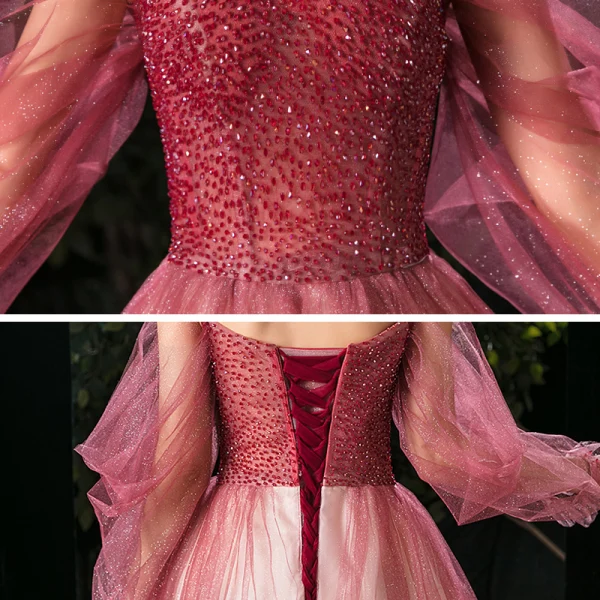 Elegant Burgundy Gradient-Color Champagne Evening Dresses 2020 A-Line / Princess Spaghetti Straps Puffy Long Sleeve Backless Beading Glitter Tulle Floor-Length / Long Ruffle