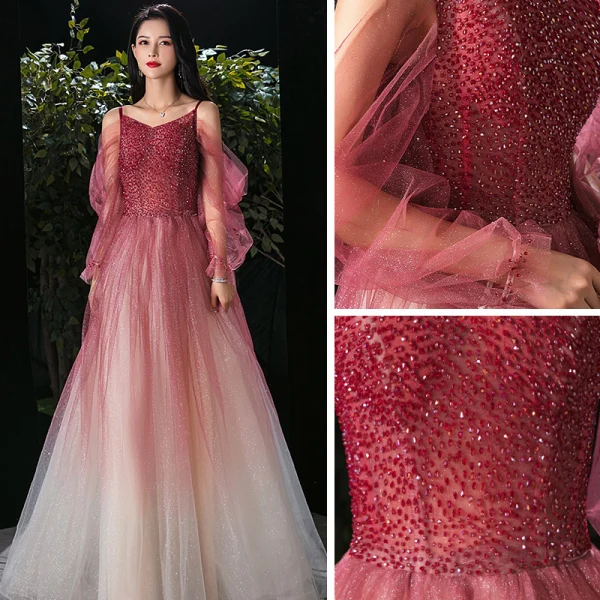 Elegant Burgundy Gradient-Color Champagne Evening Dresses 2020 A-Line / Princess Spaghetti Straps Puffy Long Sleeve Backless Beading Glitter Tulle Floor-Length / Long Ruffle