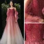 Elegant Burgundy Gradient-Color Champagne Evening Dresses  2020 A-Line / Princess Spaghetti Straps Puffy Long Sleeve Backless Beading Glitter Tulle Floor-Length / Long Ruffle