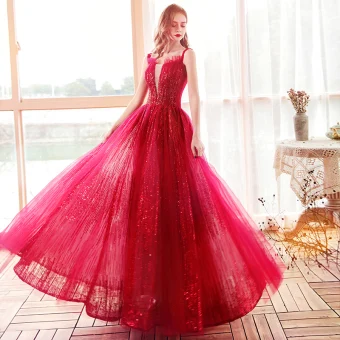 Moda Czerwone Sukienki Wieczorowe 2020 Princessa Plecy Przezroczyste Głęboki V Szyja Bez Rękawów Frezowanie Cekiny Długie Wzburzyć Bez Pleców Sukienki Wizytowe