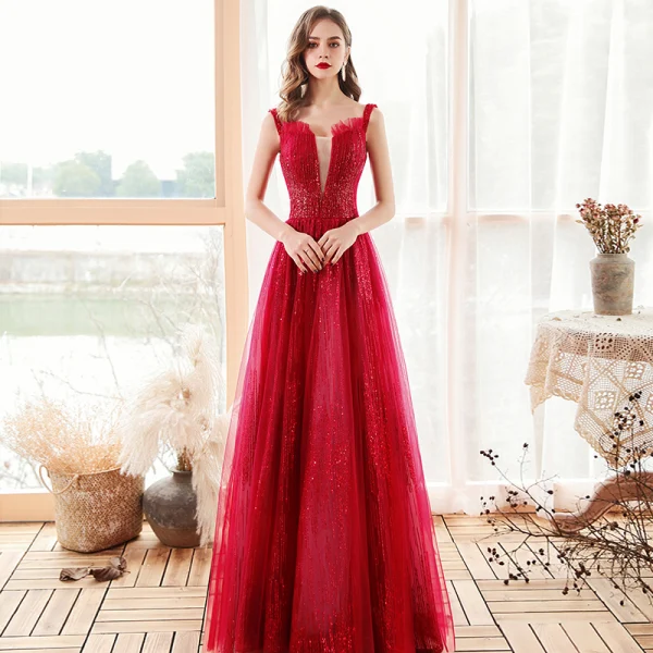 Fashion Red Evening Dresses 2020 A-Line / Princess Shoulders See-through Deep V-Neck Sleeveless Beading Sequins Floor-Length / Long Ruffle Backless Formal Dresses