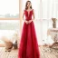 Fashion Red Evening Dresses  2020 A-Line / Princess Shoulders See-through Deep V-Neck Sleeveless Beading Sequins Floor-Length / Long Ruffle Backless Formal Dresses