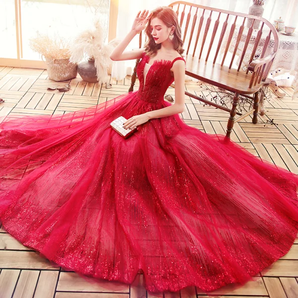 Fashion Red Evening Dresses 2020 A-Line / Princess Shoulders See-through Deep V-Neck Sleeveless Beading Sequins Floor-Length / Long Ruffle Backless Formal Dresses