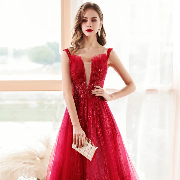 Fashion Red Evening Dresses 2020 A-Line / Princess Shoulders See-through Deep V-Neck Sleeveless Beading Sequins Floor-Length / Long Ruffle Backless Formal Dresses