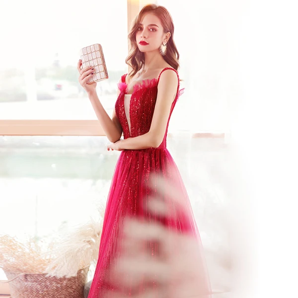 Fashion Red Evening Dresses 2020 A-Line / Princess Shoulders See-through Deep V-Neck Sleeveless Beading Sequins Floor-Length / Long Ruffle Backless Formal Dresses