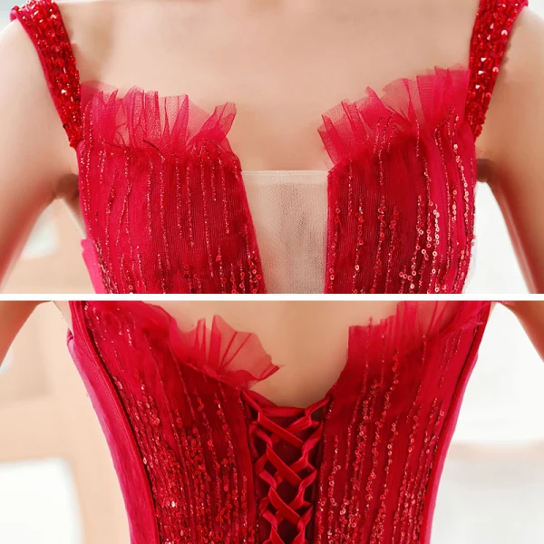 Fashion Red Evening Dresses 2020 A-Line / Princess Shoulders See-through Deep V-Neck Sleeveless Beading Sequins Floor-Length / Long Ruffle Backless Formal Dresses