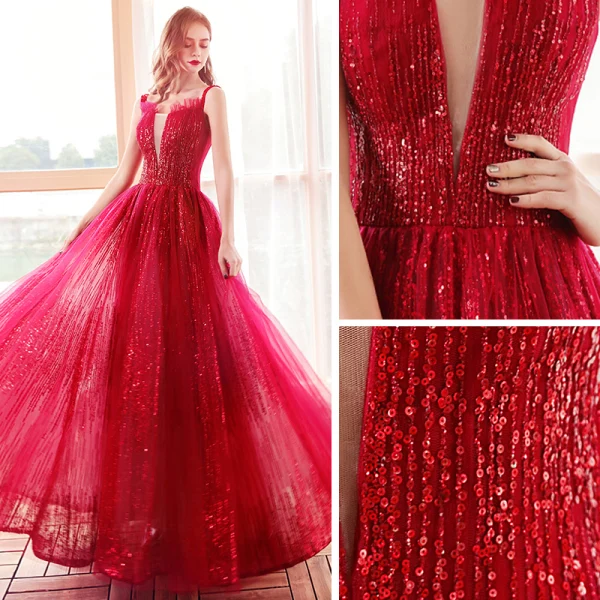 Fashion Red Evening Dresses 2020 A-Line / Princess Shoulders See-through Deep V-Neck Sleeveless Beading Sequins Floor-Length / Long Ruffle Backless Formal Dresses