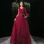 Victorian Style Burgundy Evening Dresses  2020 A-Line / Princess Scoop Neck Puffy Short Sleeve Appliques Lace Beading Floor-Length / Long Ruffle Backless Formal Dresses