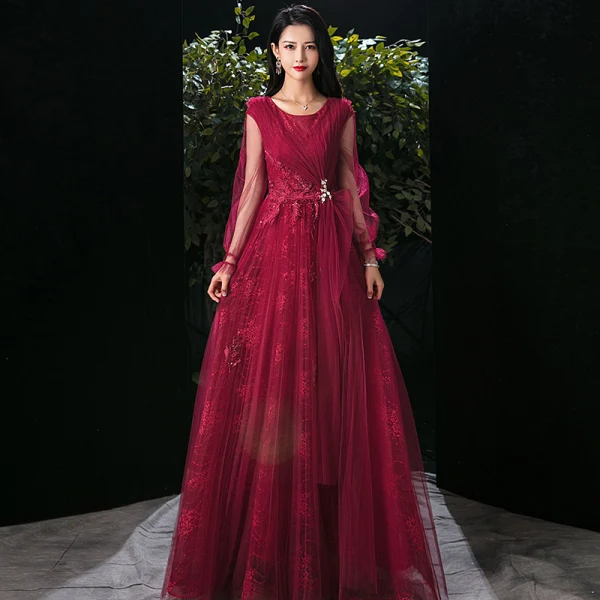 Victorian Style Burgundy Evening Dresses 2020 A-Line / Princess Scoop Neck Puffy Short Sleeve Appliques Lace Beading Floor-Length / Long Ruffle Backless Formal Dresses