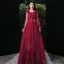Victorian Style Burgundy Evening Dresses  2020 A-Line / Princess Scoop Neck Puffy Short Sleeve Appliques Lace Beading Floor-Length / Long Ruffle Backless Formal Dresses
