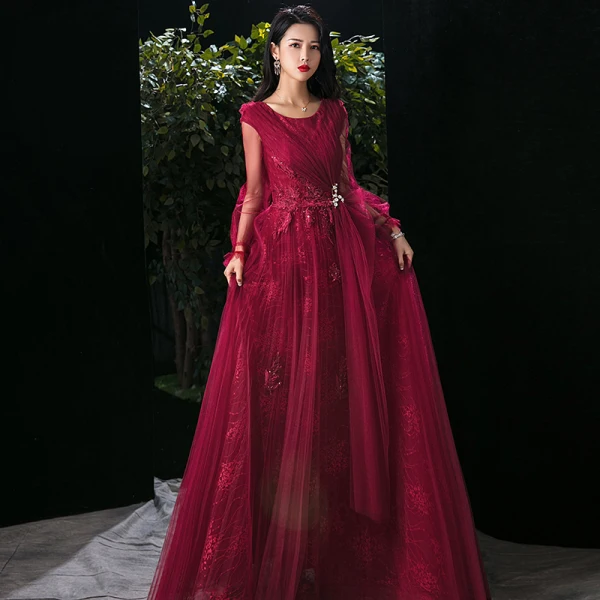 Victorian Style Burgundy Evening Dresses 2020 A-Line / Princess Scoop Neck Puffy Short Sleeve Appliques Lace Beading Floor-Length / Long Ruffle Backless Formal Dresses