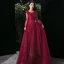 Victorian Style Burgundy Evening Dresses  2020 A-Line / Princess Scoop Neck Puffy Short Sleeve Appliques Lace Beading Floor-Length / Long Ruffle Backless Formal Dresses