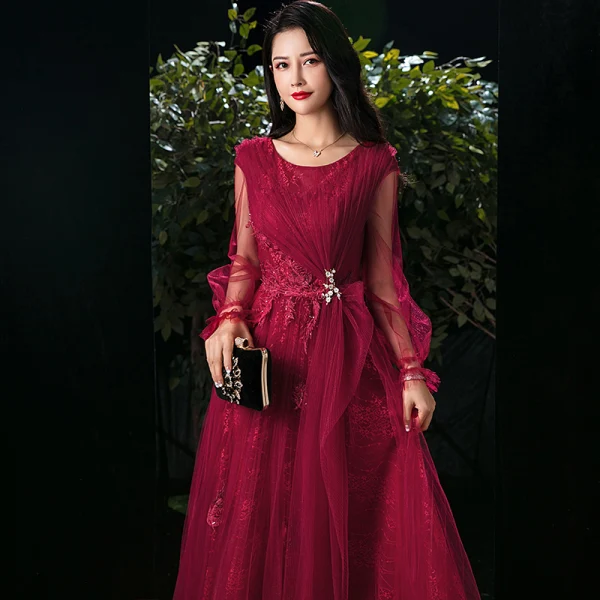 Victorian Style Burgundy Evening Dresses 2020 A-Line / Princess Scoop Neck Puffy Short Sleeve Appliques Lace Beading Floor-Length / Long Ruffle Backless Formal Dresses