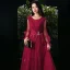 Victorian Style Burgundy Evening Dresses  2020 A-Line / Princess Scoop Neck Puffy Short Sleeve Appliques Lace Beading Floor-Length / Long Ruffle Backless Formal Dresses