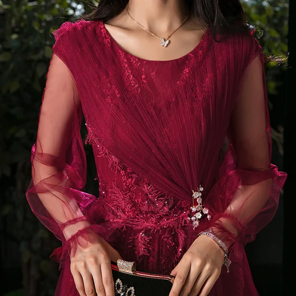Victorian Style Burgundy Evening Dresses 2020 A-Line / Princess Scoop Neck Puffy Short Sleeve Appliques Lace Beading Floor-Length / Long Ruffle Backless Formal Dresses