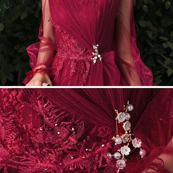 Victorian Style Burgundy Evening Dresses 2020 A-Line / Princess Scoop Neck Puffy Short Sleeve Appliques Lace Beading Floor-Length / Long Ruffle Backless Formal Dresses