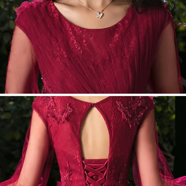 Victorian Style Burgundy Evening Dresses 2020 A-Line / Princess Scoop Neck Puffy Short Sleeve Appliques Lace Beading Floor-Length / Long Ruffle Backless Formal Dresses