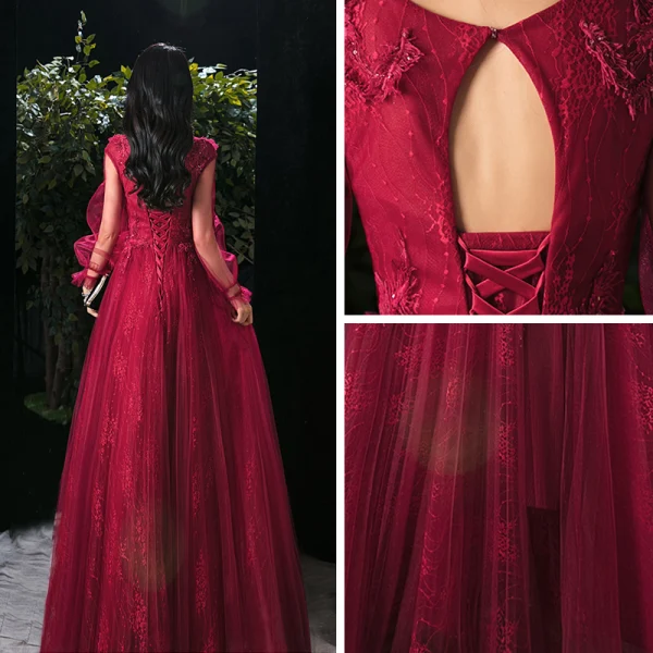 Victorian Style Burgundy Evening Dresses 2020 A-Line / Princess Scoop Neck Puffy Short Sleeve Appliques Lace Beading Floor-Length / Long Ruffle Backless Formal Dresses