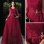 Victorian Style Burgundy Evening Dresses  2020 A-Line / Princess Scoop Neck Puffy Short Sleeve Appliques Lace Beading Floor-Length / Long Ruffle Backless Formal Dresses