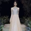 High-end Gold Evening Dresses  2020 A-Line / Princess Scoop Neck Sleeveless Beading Glitter Tulle Floor-Length / Long Backless Formal Dresses