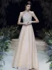 High-end Gold Evening Dresses  2020 A-Line / Princess Scoop Neck Sleeveless Beading Glitter Tulle Floor-Length / Long Backless Formal Dresses