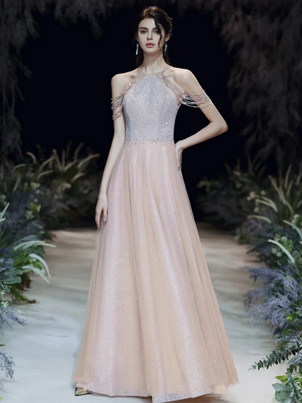 High-end Gold Evening Dresses  2020 A-Line / Princess Scoop Neck Sleeveless Beading Glitter Tulle Floor-Length / Long Backless Formal Dresses