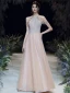 High-end Gold Evening Dresses  2020 A-Line / Princess Scoop Neck Sleeveless Beading Glitter Tulle Floor-Length / Long Backless Formal Dresses